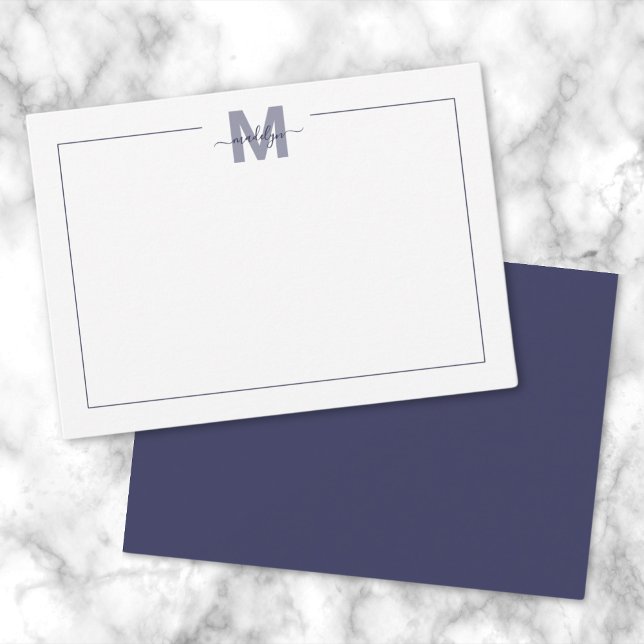 Navy Blue Simple Minimalist Monogram Note Card (Navy Blue Simple Minimalist Name Monogram Note Card)