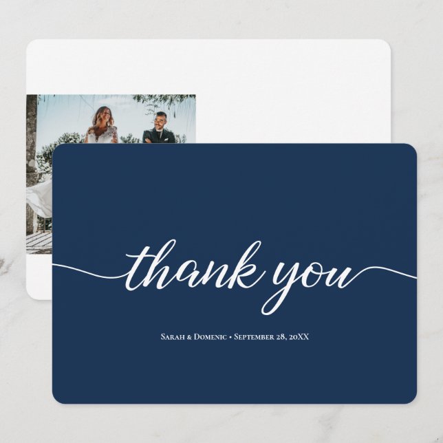 Navy Blue Simple Minimalist Wedding Thank You Card (Front/Back)