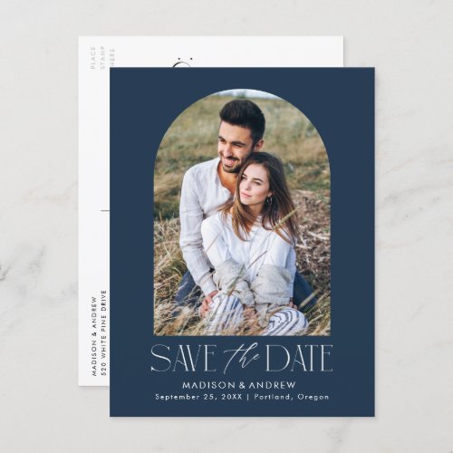 Navy Blue  Simple Modern Arch Photo Save the Date Announcement Postcard