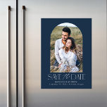 Navy Blue | Simple Modern Arch Photo Save the Date Magnetic Invitation<br><div class="desc">Announce your wedding date in style with our modern photo save the date magnet. The simple save the date magnet features your engagement photo inside of a navy blue arch frame. "Save the Date" is displayed in white modern serif and script fonts. Personalize the save the date photo magnet by...</div>