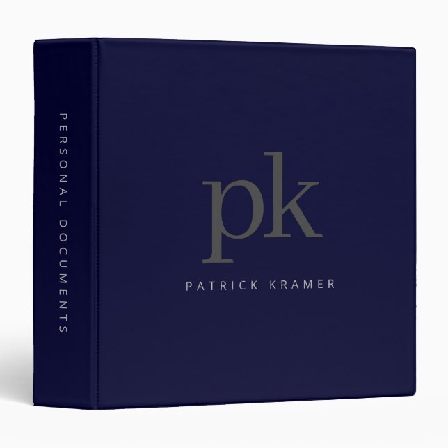 Navy Blue Simple Modern Minimalist Monogram  3 Ring Binder (Front/Spine)