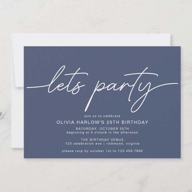 Navy Blue | Simple Modern Script Birthday Party Invitation (Front)
