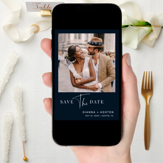 Navy Blue Simple Modern Script Wedding Photo  Save The Date (Front Digital)