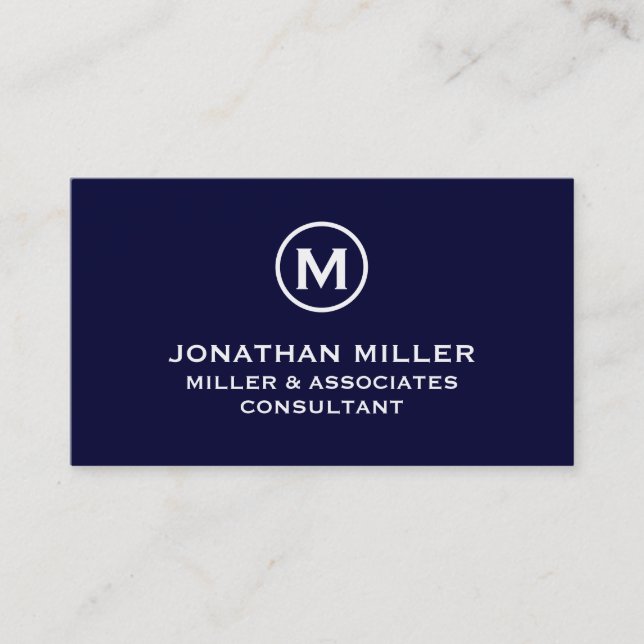 Navy Blue Simple Monogram Business Card (Front)
