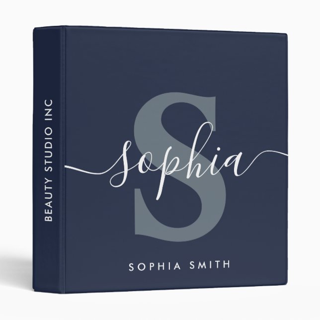 Navy Blue Simple Monogram Name Initials  3 Ring Binder (Front/Spine)