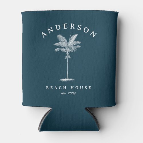 Navy Blue Simple Palm Tree Beach House Can Cooler