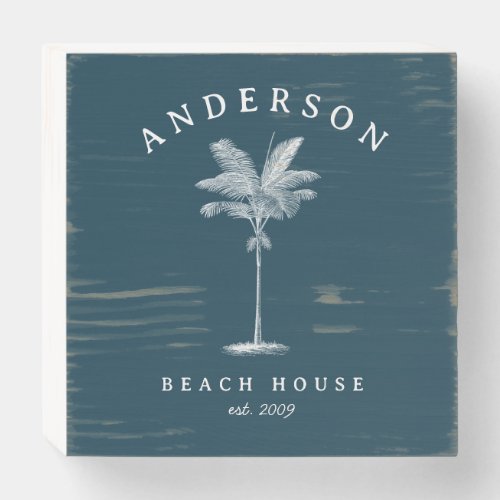 Navy Blue Simple Palm Tree Beach House Wooden Box Sign