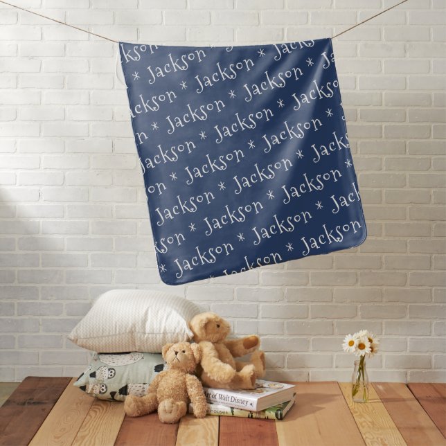 Navy Blue Simple Personalized Name boy Baby Blanket (In Situ)