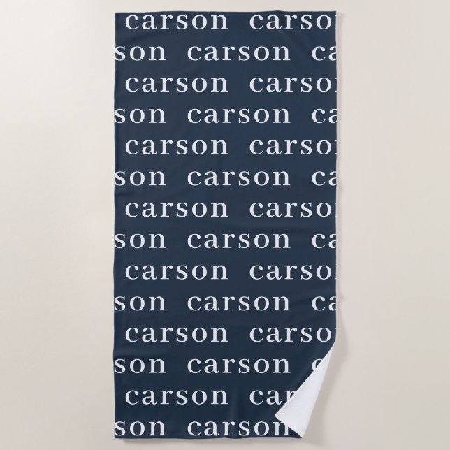 Navy Blue Simple Personalized Repeating Name Beach Towel (Front)