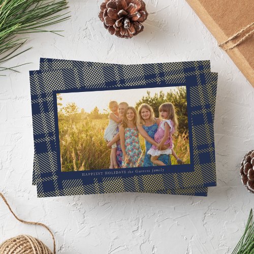 Navy Blue Simple Plaid Frame Foil Holiday Card