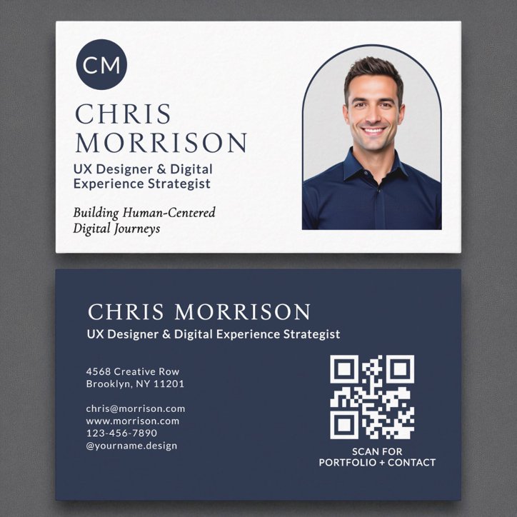 Navy Blue Simple Professional QR Code Photo Business Card