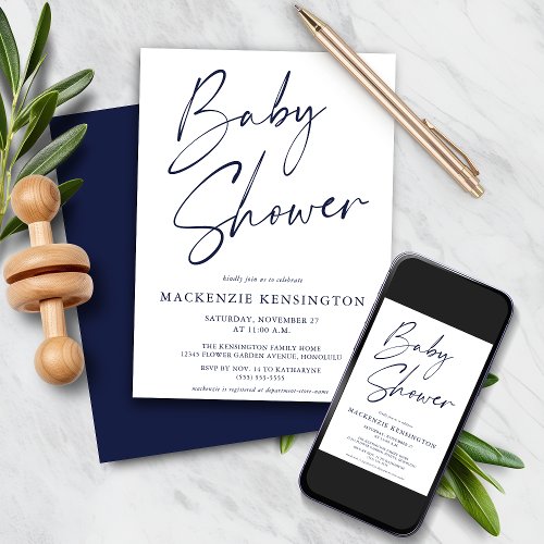Navy Blue Simple Script Baby Shower Invitation