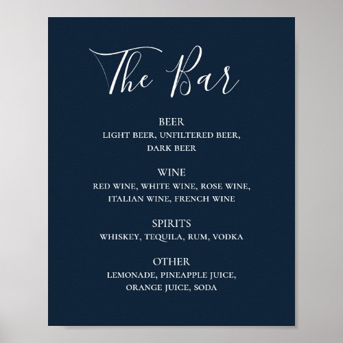 Navy blue simple script wedding drinks bar menu poster