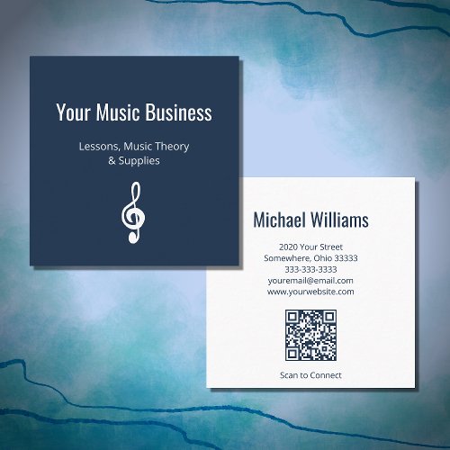 Navy Blue Simple Treble Clef QR code Music Square Business Card