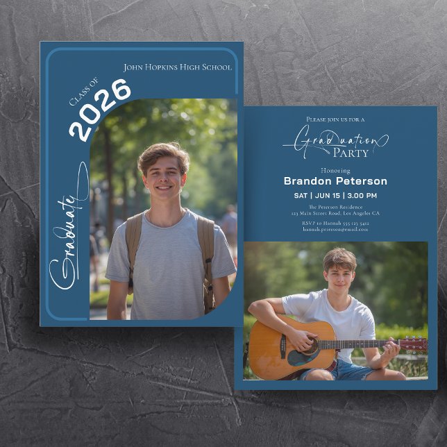 Navy Blue Simple Two Photo Graduation Party Invitation (Creator Uploaded)