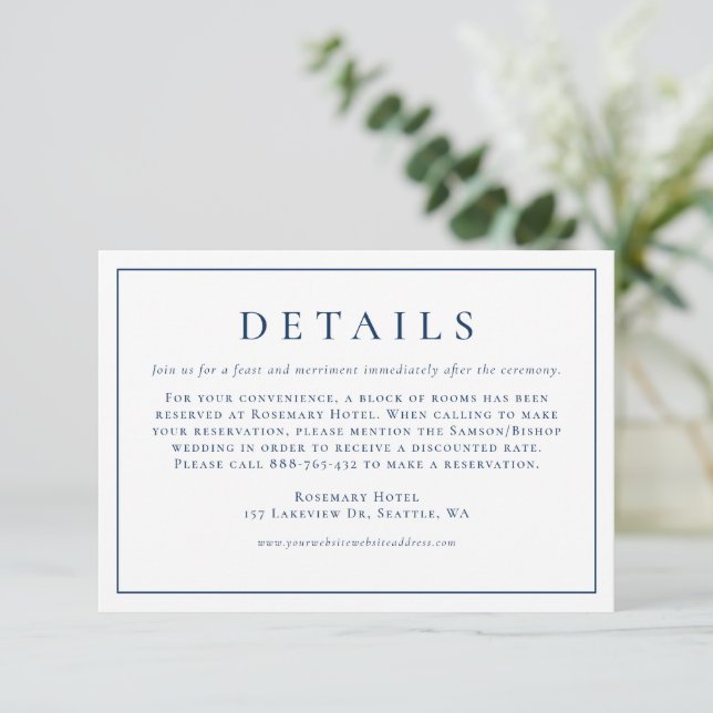 Navy Blue Simple Typography Formal Wedding Details Enclosure Card (Standing Front)