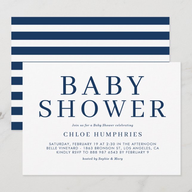 Navy Blue Simple Typography Stripe Boy Baby Shower Invitation (Front/Back)