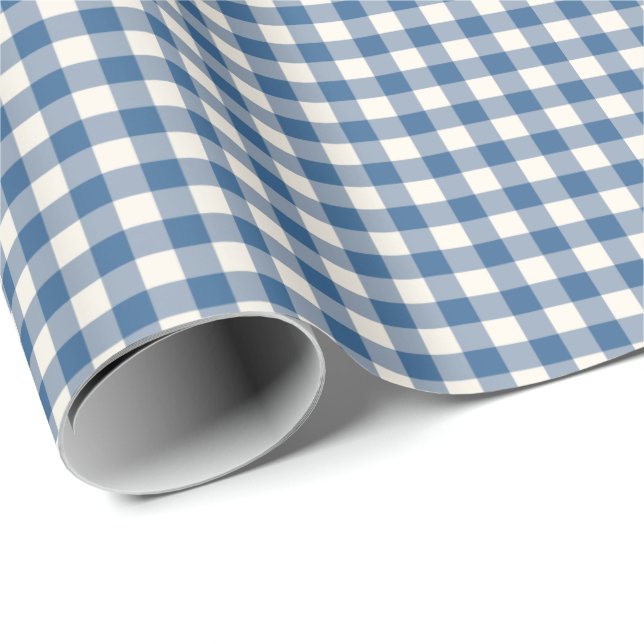 Navy Blue | Simple Vintage Gingham Plaid Pattern  Wrapping Paper (Roll Corner)