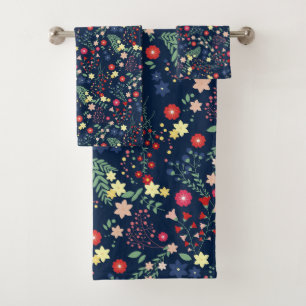 Navy Blue Simple Wildflower Pattern Bath Towel Set
