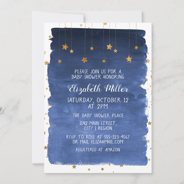Navy Blue Sky and Golden Stars Baby Shower Invitat Invitation (Front)