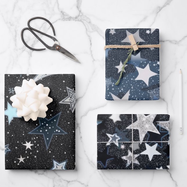 Navy Blue Sky With Silver Moon and Stars Wrapping Paper Sheets (Front)