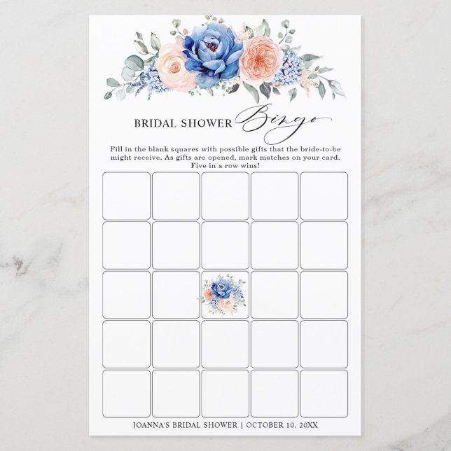 Navy Blue Slate Dusty Blush Bridal Shower Bingo (Front)