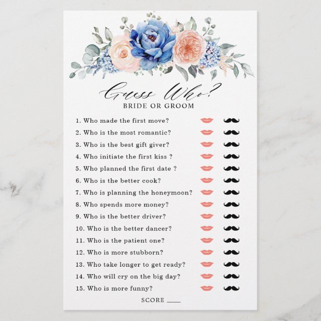 Navy Blue Slate Dusty Blush Bridal Shower Game (Front)