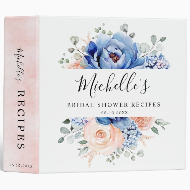 Navy Blue Slate Dusty Blush Bridal Shower Recipes 3 Ring Binder (Front/Spine)