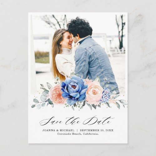 Navy Blue Slate Dusty Blush Floral Save the date Postcard
