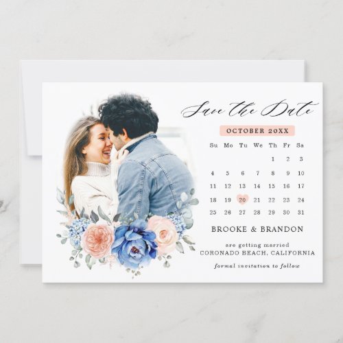 Navy Blue Slate Dusty Blush Floral Wedding Photo  Save The Date