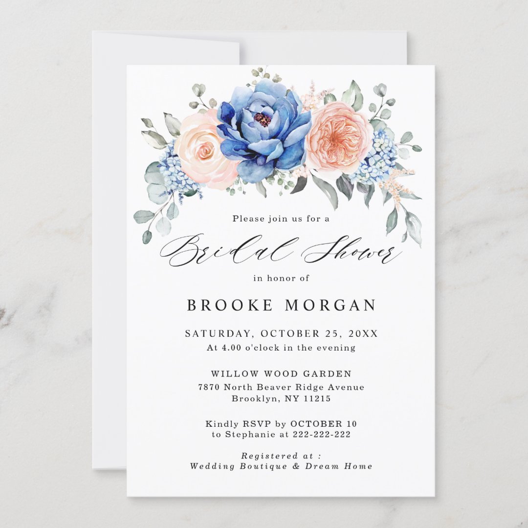 Navy Blue Slate Dusty Blush Pink Bridal Shower Invitation | Zazzle