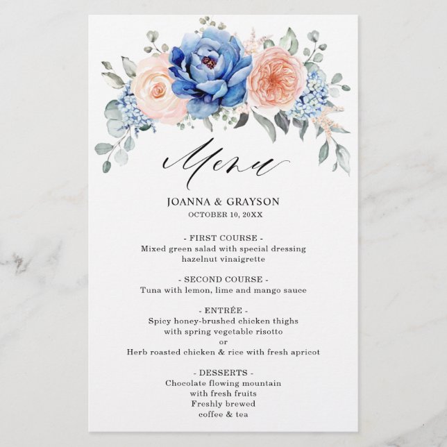 Navy Blue Slate Dusty Blush Pink Floral Menu (Front)