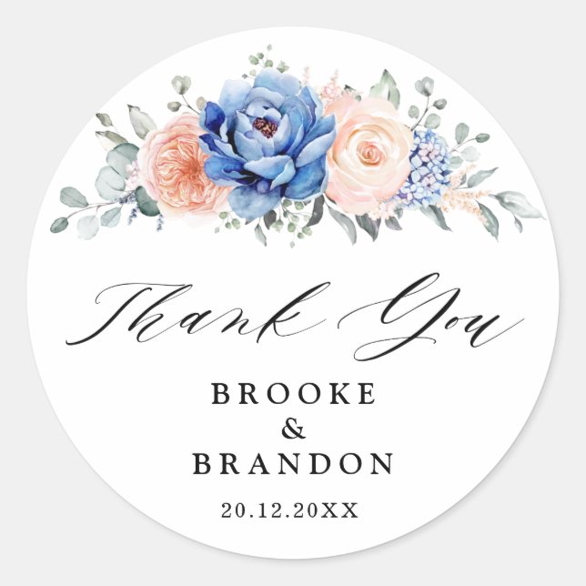 Navy Blue Slate Dusty Blush Pink Floral Thank you Classic Round Sticker (Front)