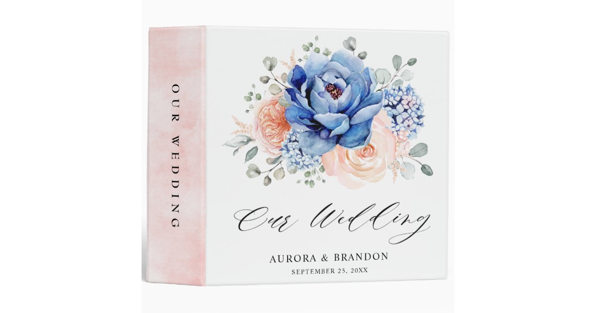 Navy Blue Slate Dusty Blush Pink Floral Wedding 3 Ring Binder | Zazzle