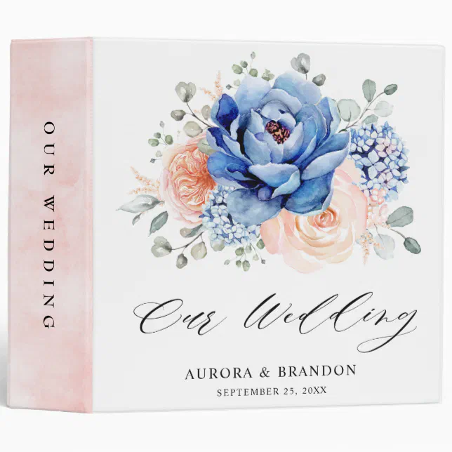 Navy Blue Slate Dusty Blush Pink Floral Wedding 3 Ring Binder | Zazzle