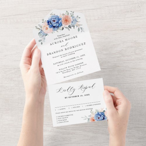 Navy Blue Slate Dusty Blush Pink Floral Wedding  All In One Invitation