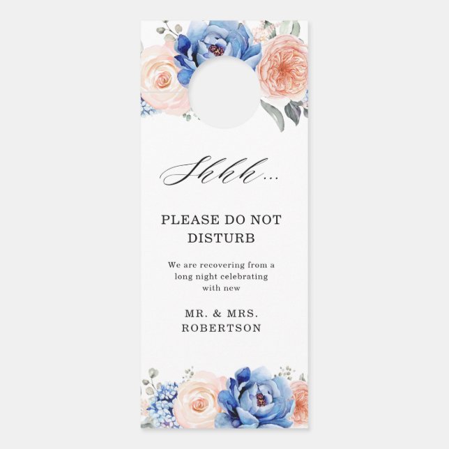 Navy Blue Slate Dusty Blush Pink Floral Wedding  Door Hanger (Front)