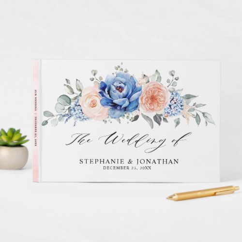 Navy Blue Slate Dusty Blush Pink Floral Wedding  Guest Book
