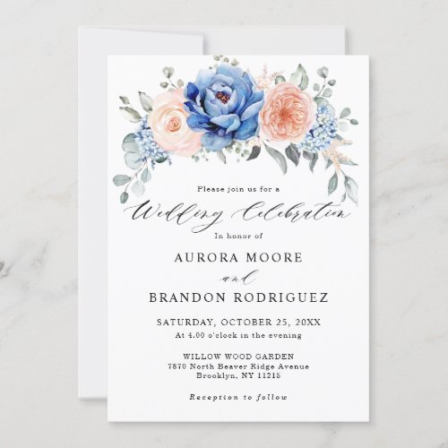 Navy Blue Slate Dusty Blush Pink Floral Wedding  Invitation