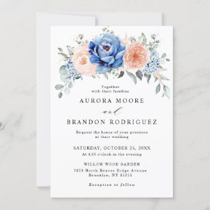 Navy Blue Slate Dusty Blush Pink Floral Wedding  Invitation