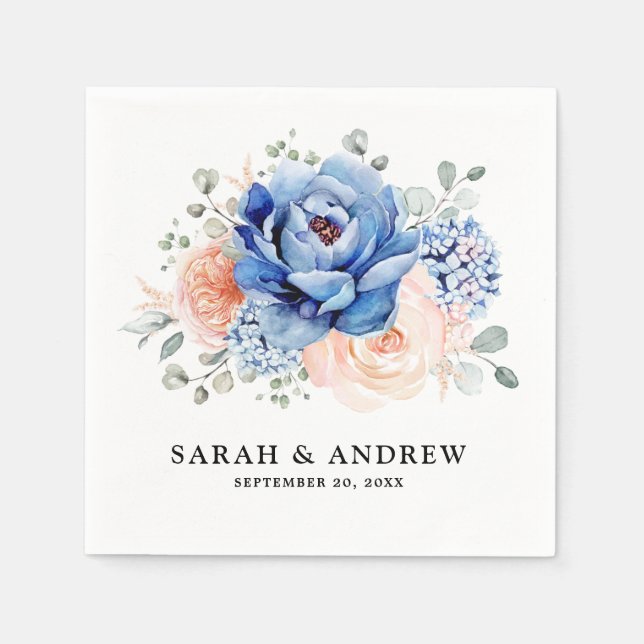 Navy Blue Slate Dusty Blush Pink Floral Wedding  Napkins (Front)