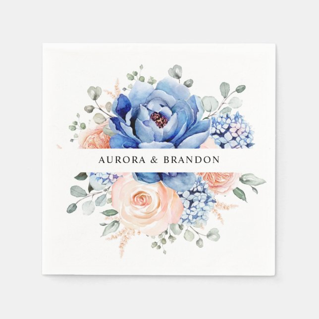 Navy Blue Slate Dusty Blush Pink Floral Wedding  Napkins (Front)