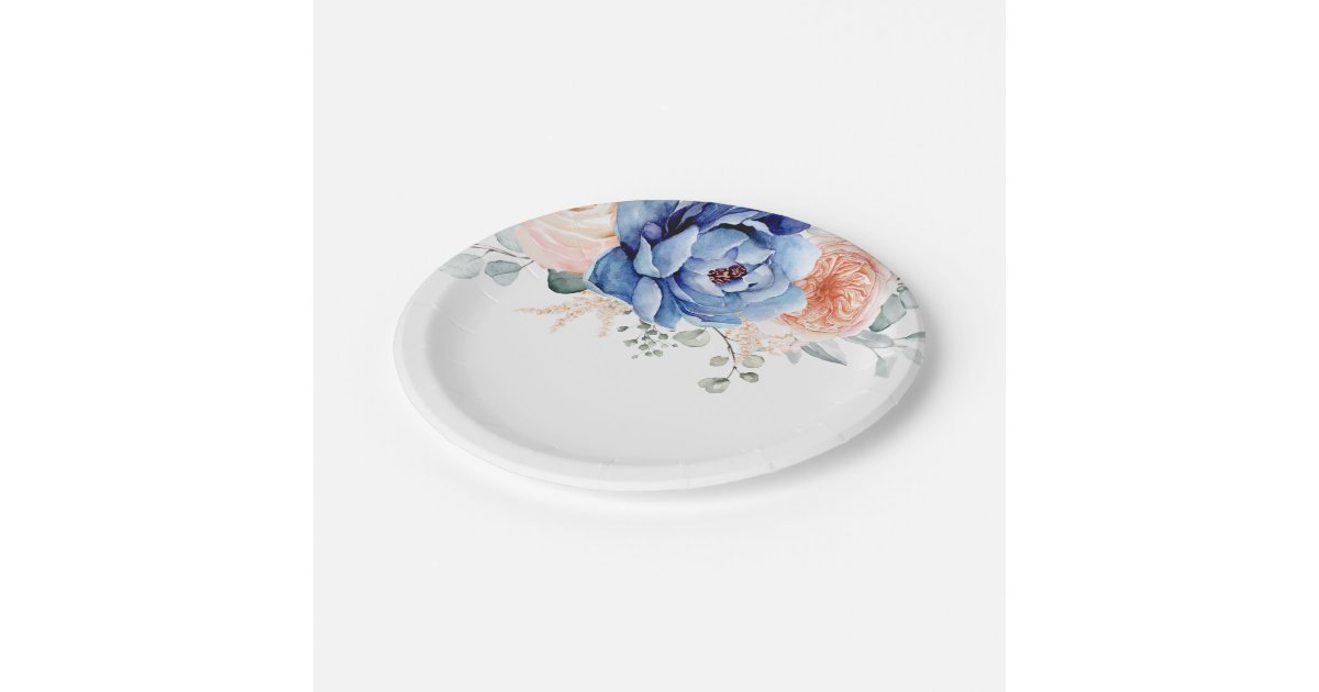 Navy Blue Slate Dusty Blush Pink Floral Wedding Paper Plates | Zazzle