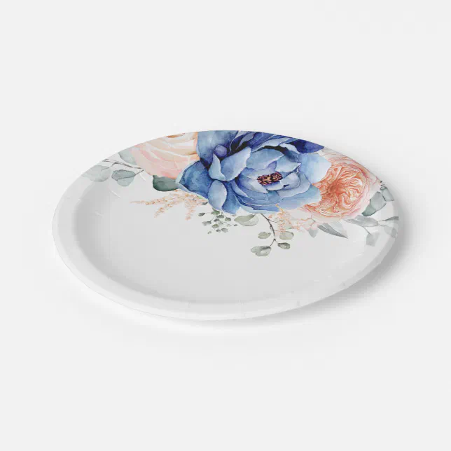 Navy Blue Slate Dusty Blush Pink Floral Wedding Paper Plates | Zazzle