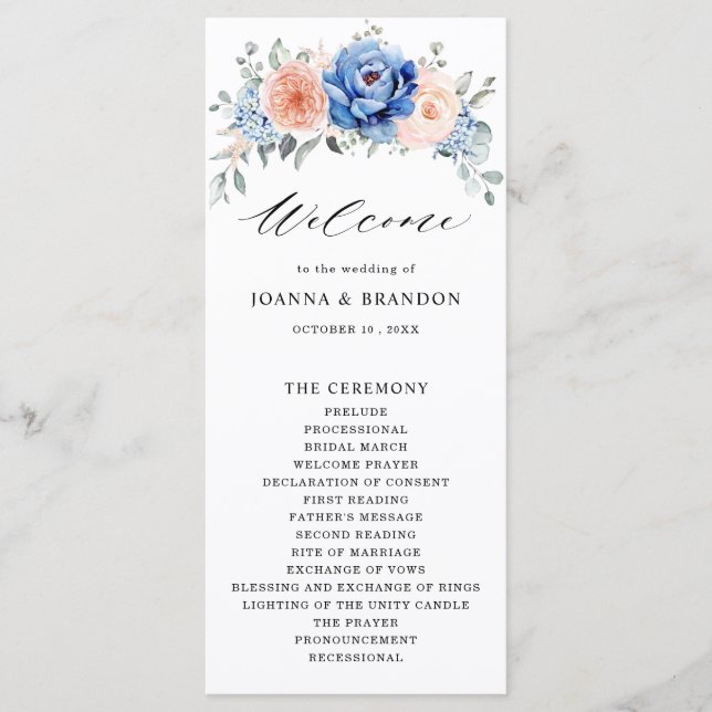 Navy Blue Slate Dusty Blush Pink Floral Wedding Program (Front)