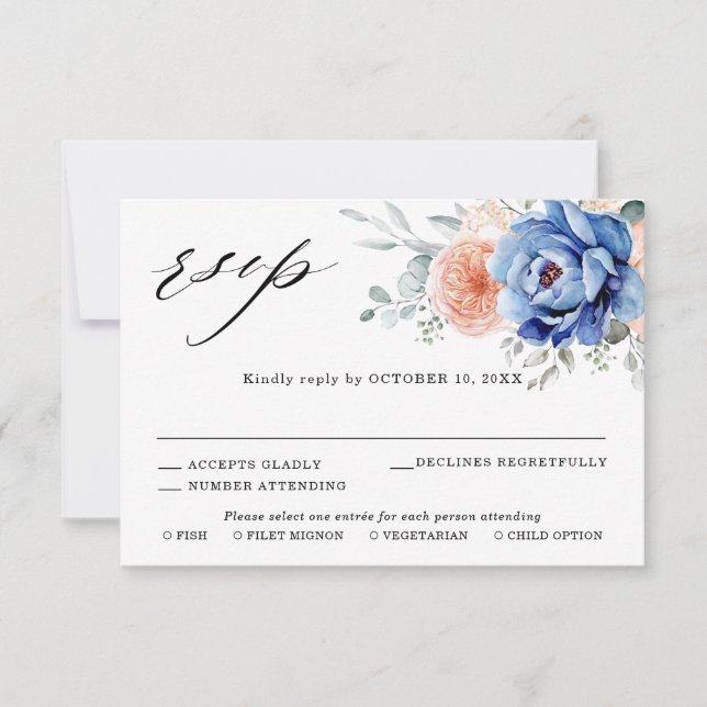 Navy Blue Slate Dusty Blush Pink Floral Wedding  RSVP Card (Front)