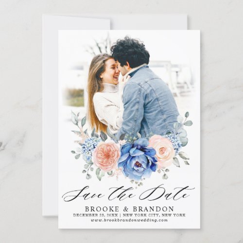 Navy Blue Slate Dusty Blush Pink Floral Wedding  Save The Date