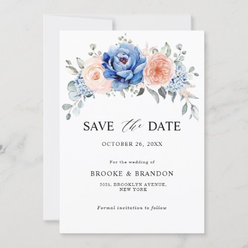 Navy Blue Slate Dusty Blush Pink Floral Wedding  Save The Date