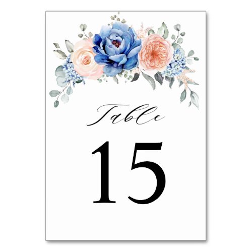 Navy Blue Slate Dusty Blush Pink Floral Wedding  Table Number