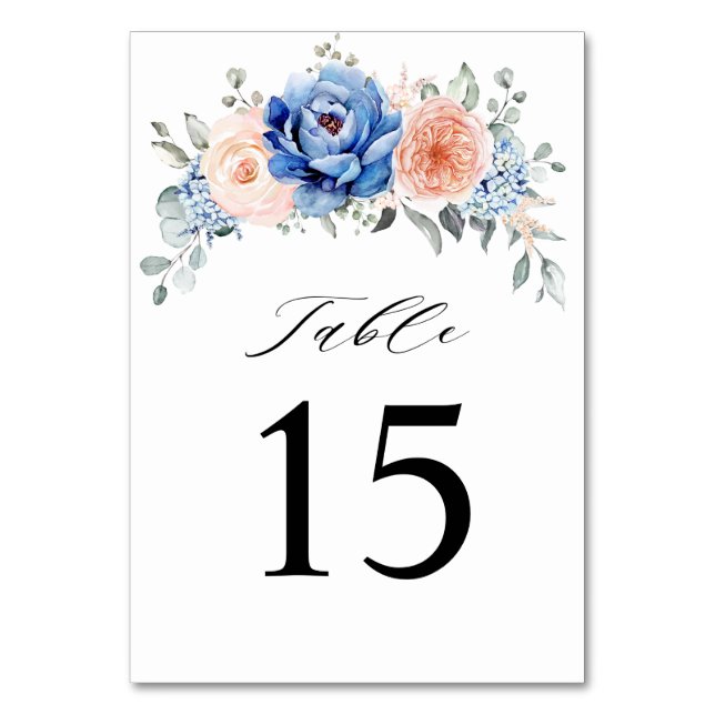 Navy Blue Slate Dusty Blush Pink Floral Wedding  Table Number (Front)